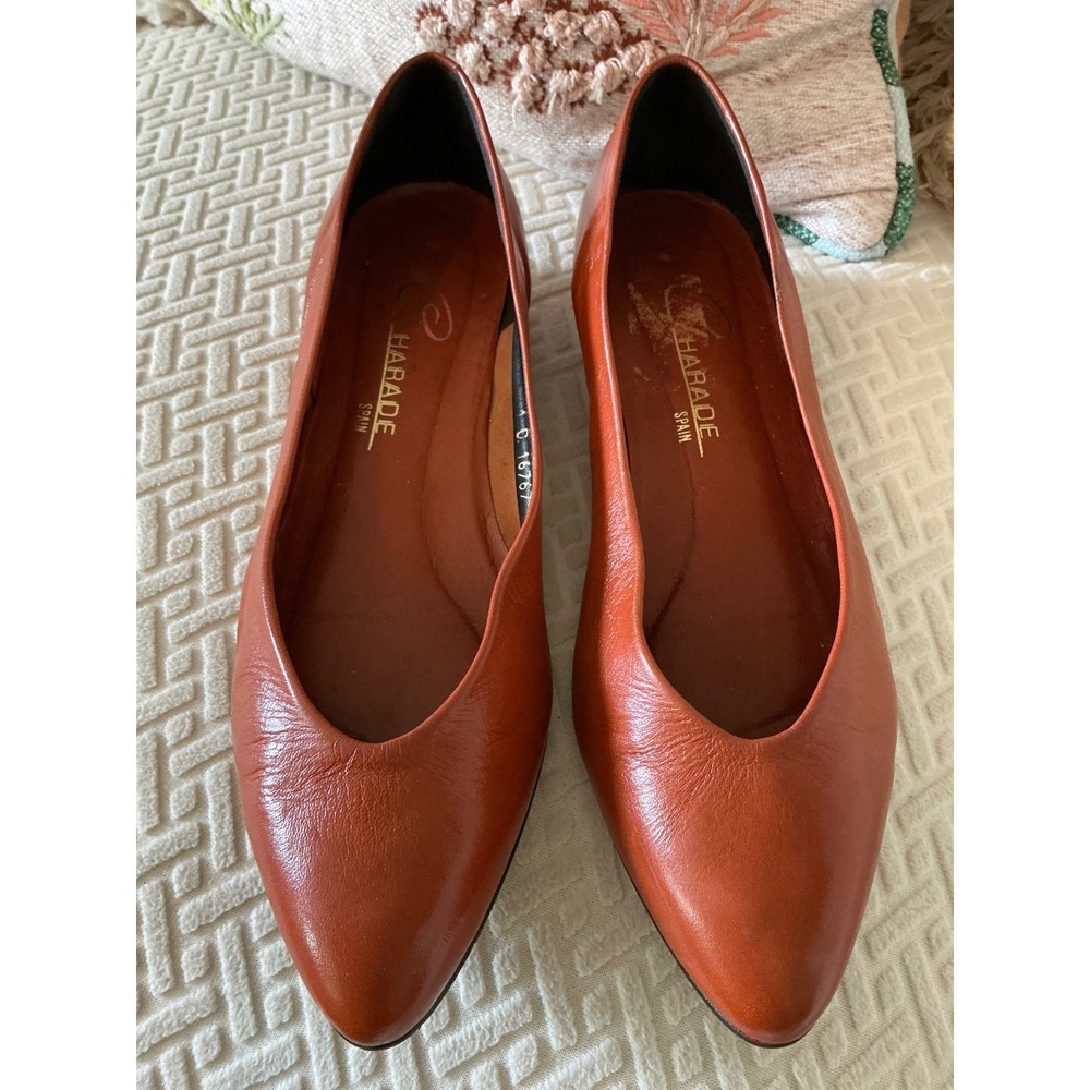 Vintage Charade Spain Leather Ballet Flats Rust Orange Almond Toe Low Wedge 10M
